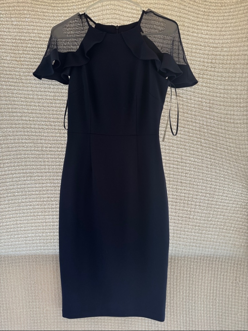 Eliza J navy blue Ruffle Cold-Shoulder Midi Sheath Dress